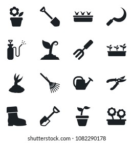 Set of vector isolated black icon - job vector, flower in pot, garden fork, shovel, rake, seedling, watering can, sproute, pruner, boot, sickle, sprayer