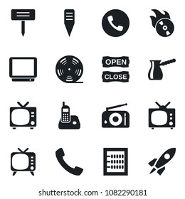 Set of vector isolated black icon - phone vector, tv, plant label, reel, flame disk, radio, call, abacus, open close, turkish coffee, rocket