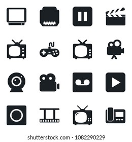 Set of vector isolated black icon - clapboard vector, film frame, tv, gamepad, video camera, play button, pause, hdmi, record, web, intercome