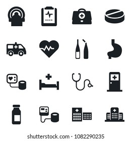 Set of vector isolated black icon - medical room vector, heart pulse, doctor case, stethoscope, blood pressure, pills, ampoule, tomography, ambulance car, hospital bed, stomach, clipboard