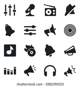 Set of vector isolated black icon - vinyl vector, flame disk, microphone, radio, loudspeaker, equalizer, headphones, tuning, bell, mute, music, advertising