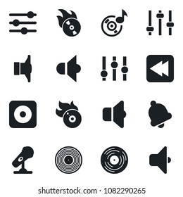 Set of vector isolated black icon - vinyl vector, flame disk, microphone, speaker, settings, rewind, rec button, tuning, bell, music, sound