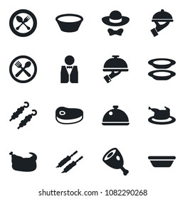 Set of vector isolated black icon - spoon and fork vector, waiter, dish, cafe, plates, dress code, chicken, steak, kebab, ham, bowl
