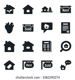 Set of vector isolated black icon - house vector, real heart, contract, with tree, rent, sold signboard, estate search, smart home, eco, message