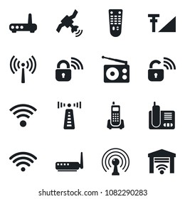 Set of vector isolated black icon - antenna vector, office phone, radio, satellite, remote control, cellular signal, wireless, lock, router, garage gate