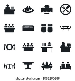 Set of vector isolated black icon - cafe vector, meeting, manager place, picnic table, desk, restaurant, serviette, reserved, salt and pepper