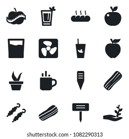 Set of vector isolated black icon - hot cup vector, seedling, plant label, diet, drink, phyto bar, bacon, bread, kebab, apple fruit, fan, palm sproute