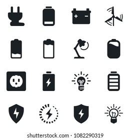 Set of vector isolated black icon - battery vector, low, protect, charge, desk lamp, windmill, socket, power plug, idea
