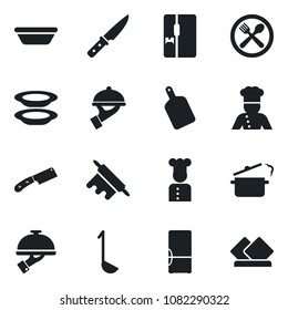 Set of vector isolated black icon - fridge vector, cook, cafe, plates, waiter, ladle, bowl, rolling pin, cutting board, knife, steaming pan, serviette