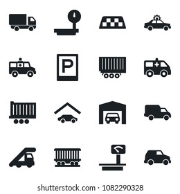 Set of vector isolated black icon - taxi vector, parking, alarm car, ladder, ambulance, railroad, truck trailer, delivery, heavy scales, garage