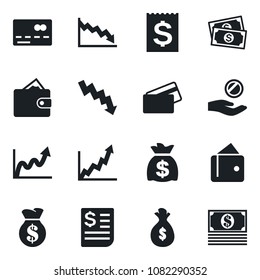 Set of vector isolated black icon - credit card vector, money bag, crisis graph, cash, receipt, wallet, growth, investment
