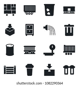 Set of vector isolated black icon - trash bin vector, watering, railroad, truck trailer, container, consolidated cargo, package, oil barrel, heavy scales, archive box, water filter