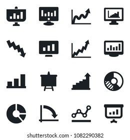 Set of vector isolated black icon - growth statistic vector, presentation board, crisis graph, monitor, circle chart, statistics, bar, point