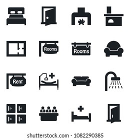 Set of vector isolated black icon - shower vector, checkroom, meeting, fireplace, hospital bed, plan, rent, rooms, bedroom, cushioned furniture, door