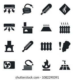 Set of vector isolated black icon - fire vector, hose, fireplace, thermometer, heater, air conditioner, smoke detector, radiator, warm floor