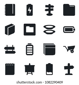 Set of vector isolated black icon - signpost vector, notepad, presentation board, wheelbarrow, battery, low, folder, charge, blank box, plates, guidepost
