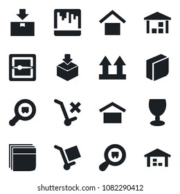 Set of vector isolated black icon - fragile vector, cargo, warehouse storage, up side sign, no trolley, package, search, scanner, blank box