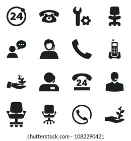 Set of vector isolated black icon - 24 around vector, office chair, phone, hours, support, speaker, call, root setup, palm sproute