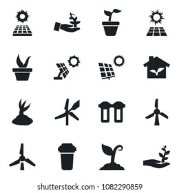 Set of vector isolated black icon - seedling vector, sproute, sun panel, windmill, eco house, water filter, palm