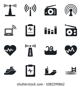 Set of vector isolated black icon - antenna vector, wireless notebook, heart pulse, clipboard, sea shipping, radio, equalizer, pool
