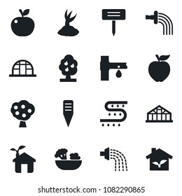 Set of vector isolated black icon - watering vector, sproute, plant label, greenhouse, drip irrigation, fruit tree, salad, apple, eco house