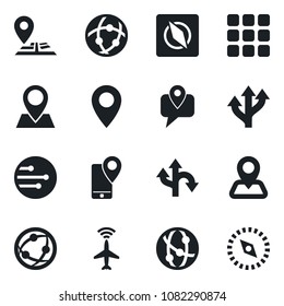 Set of vector isolated black icon - plane radar vector, route, navigation, pin, mobile tracking, network, menu, compass