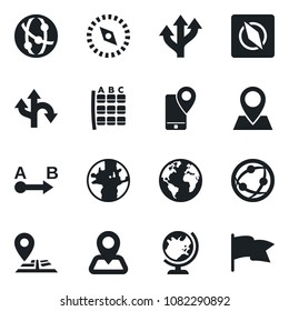 Set of vector isolated black icon - globe vector, seat map, route, navigation, earth, pin, mobile tracking, network, compass, flag