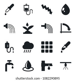 Set of vector isolated black icon - crisis graph vector, watering, water drop, rain, drip irrigation, dropper, menu, supply, sprinkler