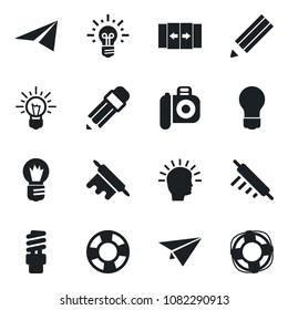 Set of vector isolated black icon - automatic door vector, bulb, camera, pencil, rolling pin, energy saving, shining head, idea, paper plane, crisis management