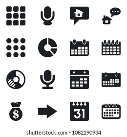 Set of vector isolated black icon - right arrow vector, calendar, circle chart, microphone, menu, home message, money bag