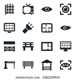 Set of vector isolated black icon - barrier vector, tv, seat map, bench, monitor pulse, eye, torch, plan, alcove, scan