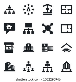 Set of vector isolated black icon - hierarchy vector, well, hospital, molecule, garage, plan, home message, office building