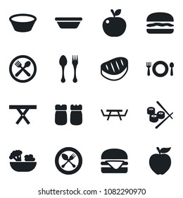 Set of vector isolated black icon - spoon and fork vector, picnic table, cafe, salad, salt pepper, steak, hamburger, bowl, sushi, apple fruit