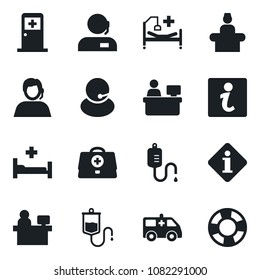 Set of vector isolated black icon - reception vector, medical room, manager place, doctor case, dropper, ambulance car, hospital bed, support, information, crisis management