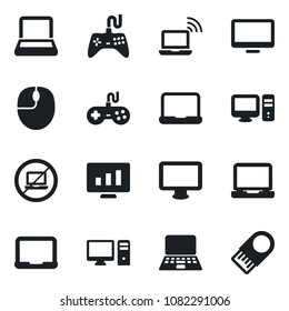 Set of vector isolated black icon - no laptop vector, wireless notebook, mouse, pc, statistic monitor, gamepad, usb flash