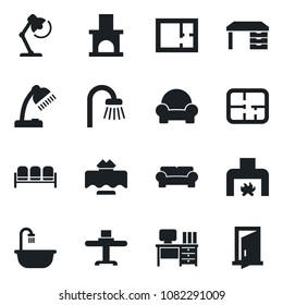 Set of vector isolated black icon - waiting area vector, desk, fireplace, lamp, plan, bathroom, cushioned furniture, restaurant table, door