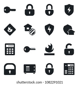 Set of vector isolated black icon - safe vector, lock, flammable, protect, key, estate insurance, home, combination