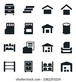 Set of vector isolated black icon - luggage storage vector, warehouse, oil barrel, rack, sd, document folder, paper tray, archive box