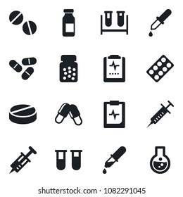 Set of vector isolated black icon - syringe vector, blood test vial, dropper, pills, bottle, blister, ampoule, pulse clipboard, flask
