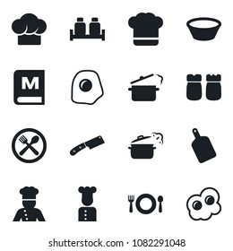 Set of vector isolated black icon - cook vector, cafe, hat, menu, salt and pepper, bowl, cutting board, knife, steaming pan, omelette