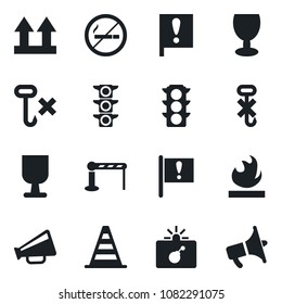 Set of vector isolated black icon - barrier vector, no smoking, bomb in case, border cone, important flag, traffic light, fragile, up side sign, hook, flammable, loudspeaker