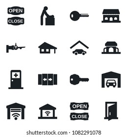 Set of vector isolated black icon - automatic door vector, baby room, boarding, medical, house with garage, key, cafe building, open close, gate control