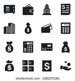 Set of vector isolated black icon - credit card vector, safe, checkroom, money bag, receipt, office building, combination lock, wallet, investment