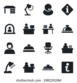 Set of vector isolated black icon - reception bell vector, office chair, desk, manager place, support, lamp, information