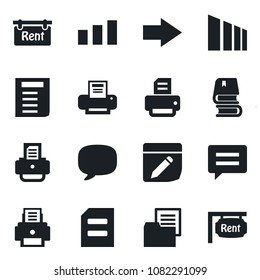 Set of vector isolated black icon - right arrow vector, document, printer, folder, sorting, message, notes, book, rent