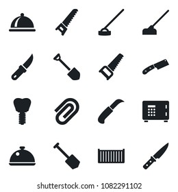 Set of vector isolated black icon - safe vector, job, saw, hoe, garden knife, implant, cargo container, paper clip, dish