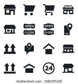 Set of vector isolated black icon - 24 around vector, store, mobile tracking, warehouse storage, up side sign, cafe building, open close, cart, storefront