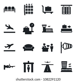 Set of vector isolated black icon - runway vector, departure, arrival, baggage conveyor, trolley, passport control, security gate, waiting area, wind, boarding, seat map, flight table