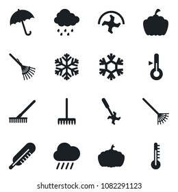 Set of vector isolated black icon - umbrella vector, ripper, rake, rain, pumpkin, thermometer, snowflake