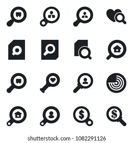 Set of vector isolated black icon - radar vector, document search, heart diagnostic, cargo, estate, client, consumer, money